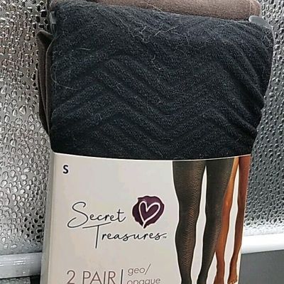 Secret Treasures Women's Black Geo & Brown Opaque 2 Pack Tights Size Small